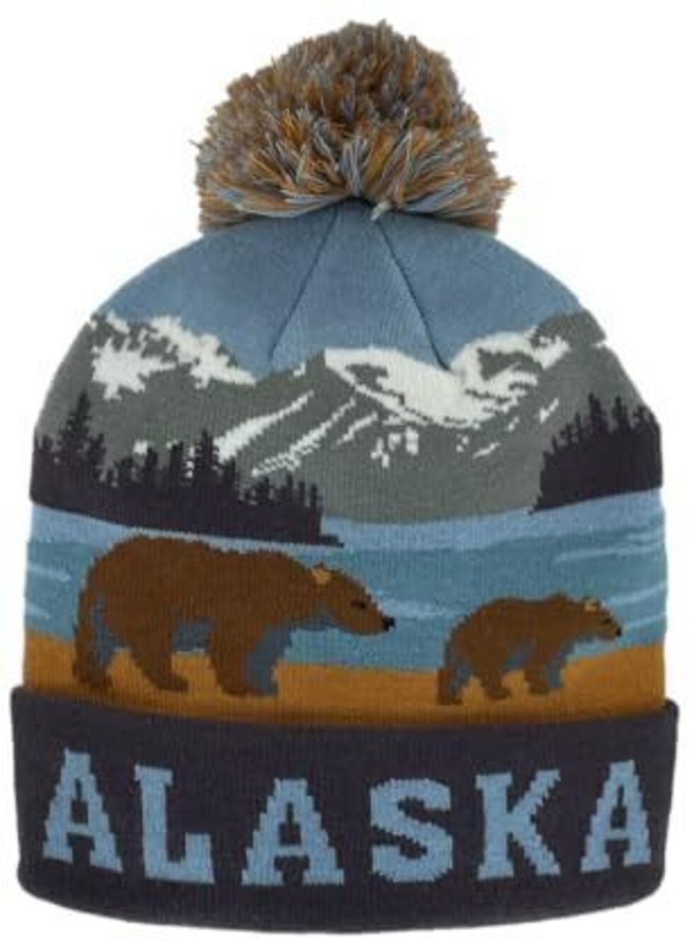 4209 Alaska Beanie Knit Hat Brown Bear and Cub Snowy Mountains Brown Dk